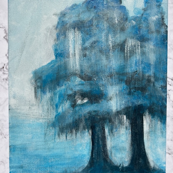 Abstract Cypress Trees Acrylic Painting | 11x14 Canvas | Whispering Blue Canopy - Picture 3 of 8